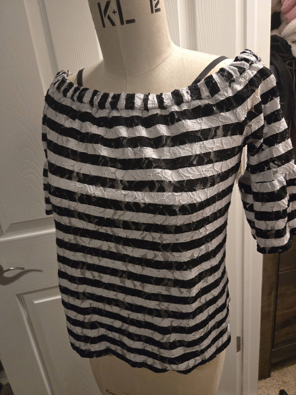 Karl Lagerfeld Black and White Off-Shoulder Striped Lace Blouse - Picture 3 of 7